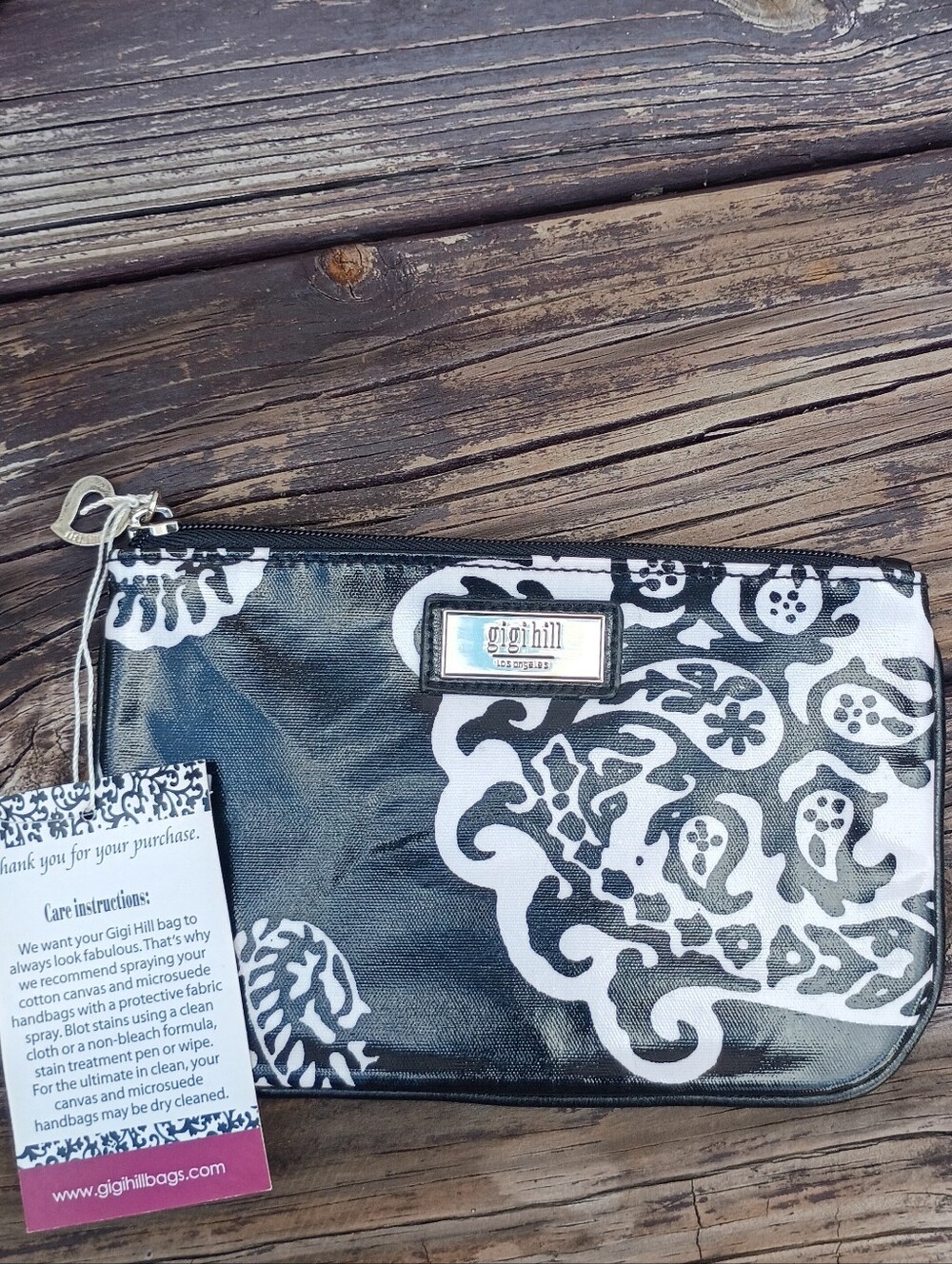 Gigi Hill Black and White Paisley Wristlet Pouch NWT 8x5.5 Canvas Micro Suede